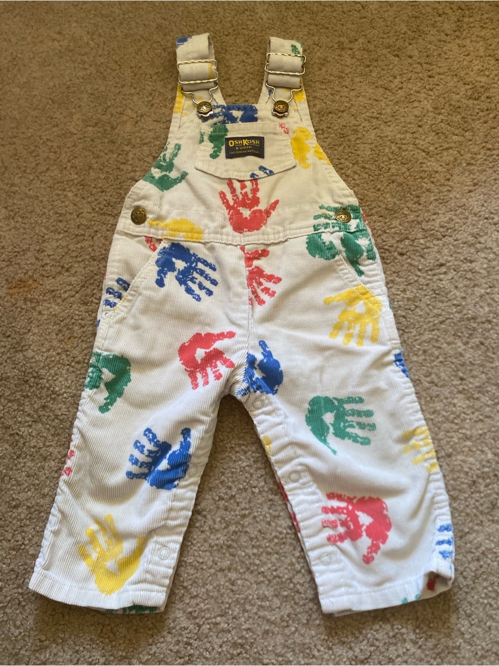 VTG 90s Oshkosh Handprint Corduroy Overalls 12 M White Vestback Made in USA
